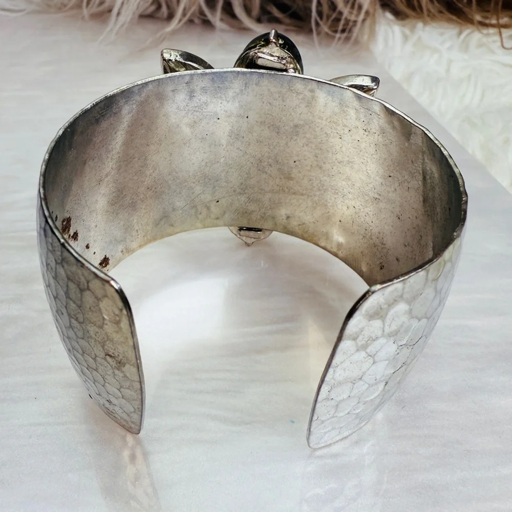 Vintage aged, Silvertone oxidized, colored accent, large cuff, runway bracelet
